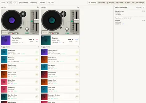 Crate Guide session with two virtual turntables, harmonic suggestions, and transition history.