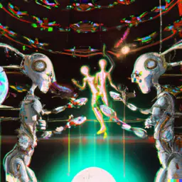DALL·E 2 generated image of two humanoid robots creating human life.