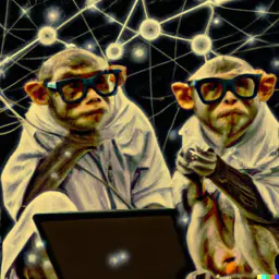 DALL·E 2 generated image of two monkeys with glasses building neural networks.