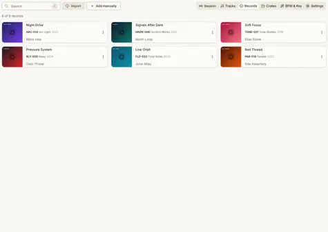 Crate Guide record library with six album cards and collection controls.