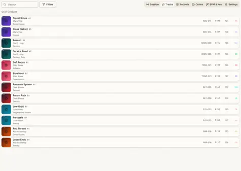 Crate Guide track browser showing BPM, musical key, genre, and record metadata.