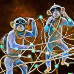 DALL·E 2 generated image of two monkeys manipulating a large physical network by hand.