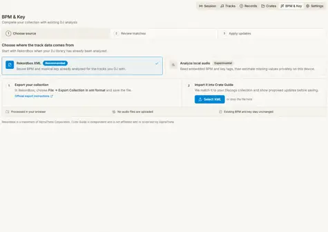 Crate Guide BPM and key enrichment workflow with Rekordbox XML and local audio options.